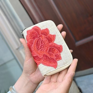 Etnische bloemen handgemaakte borduurwerk rits lange portemonnee