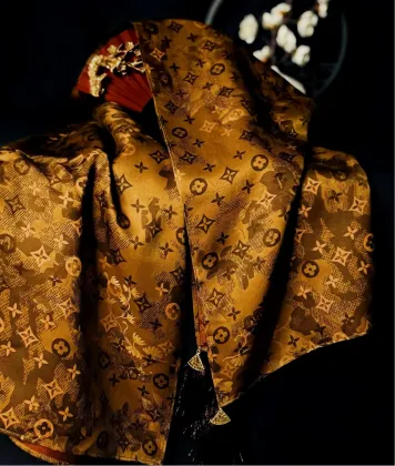 Golden Silk Jacquard Scarf with Phoenix Feather Texture