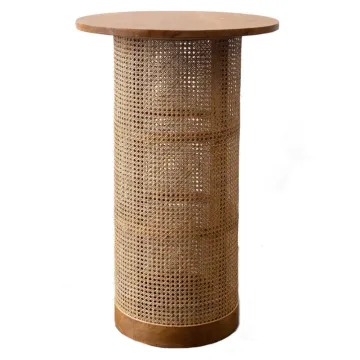 Timber Top and Natural Rattan Wrapped Base Round Bar Tables for Hire: Perfect for Bars and Events