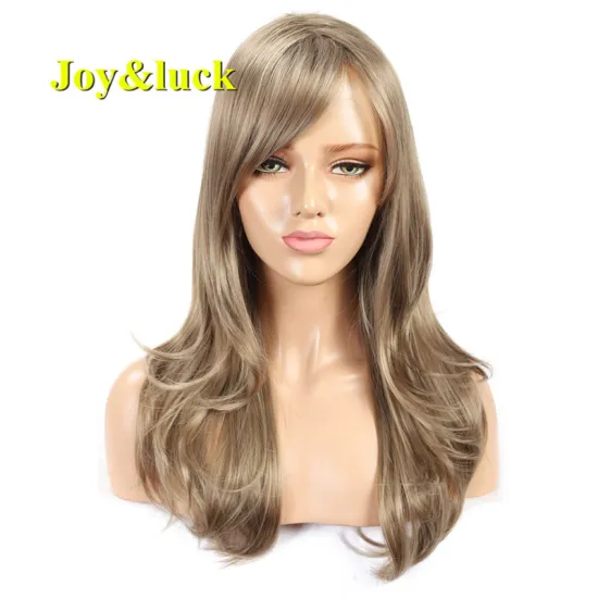 Wholesale Price Long Blonde Mix Brown Color Party Natural Wave Wigs for Women With Bangs Cosplay Wig Style Synthetic Hair Wigs