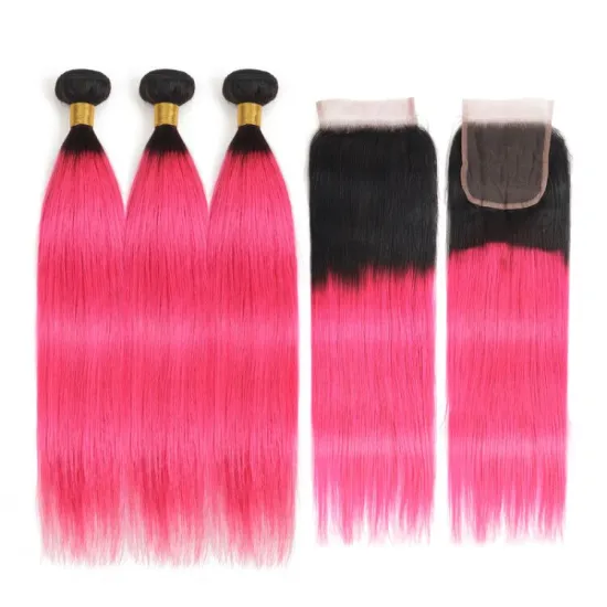 X-TRESS  Cuticle Aligned Hair Ombre Color Pink Blue Purple Straight Hair Bundles With Closure 100% Brazilian Human Hair Weave