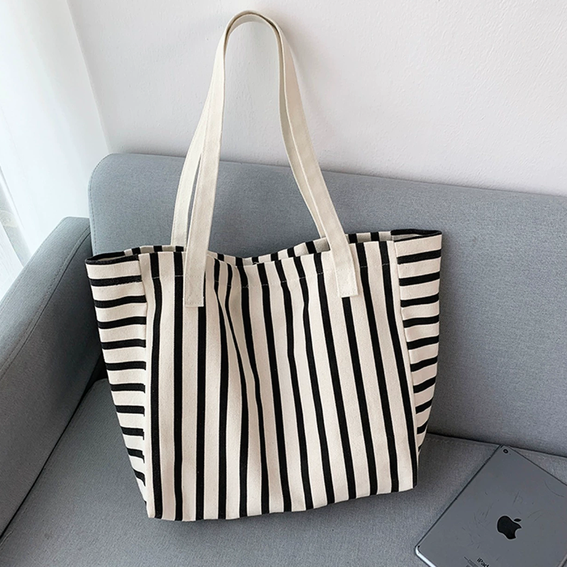 Simple striped large capacity canvas bag