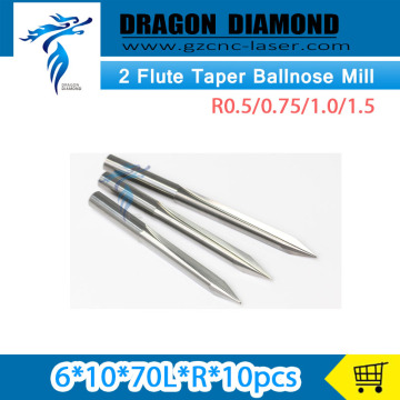 CNC Carbide Wood End Mill 6mm*10degree*R*70L Διπλή άκρη σφαίρα άκρη άκρο άλεση