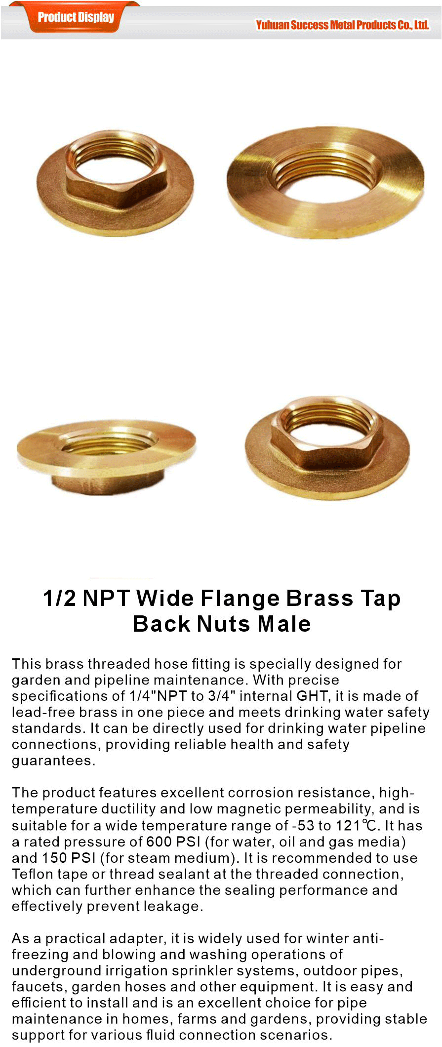 Wide Flange Brass NPT Tap Back Nuts