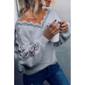 Women Deep V Neck Lace Knitted Sweater Tops