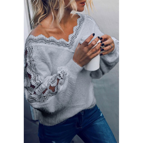 Hoodies And Sweatshirts Women Deep V Neck Lace Knitted Sweater Tops Manufactory