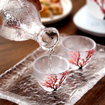 Hammerhead Frosted Sakura Sake Flask Set with Plum Wine Glasses - Wholesale