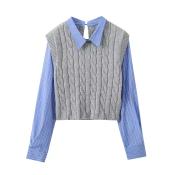 KAR&OT ZA Women's Casual Poplin and Knitted Patchwork Lapel Long-sleeved Shirt 2488118