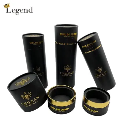 Custom Luxury Gold Logo Black Paper Tube Boxes for Honey Jars
