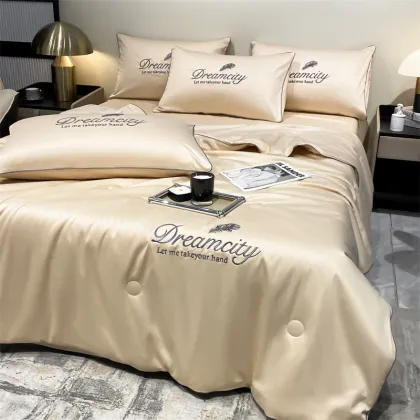 Silky Cheap Embroidery Bedspread and Bedsheet Set with Air Conditioning Quilt