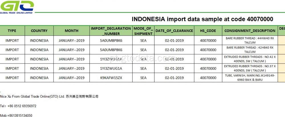 Amostra de dados de importação da Indonésia no código 40070000 borracha