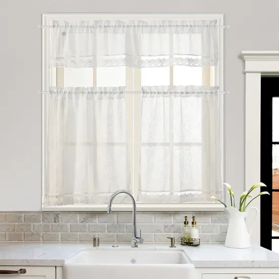 Modern White Breathable Yarn Dyed Embroidered Rose Kitchen Curtains 2023