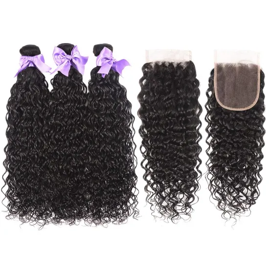 Brazilian Virgin Human Hair Ocean Wave Bundles With Closure Unprocessed Curly Human Hair Bundles Water Wave Extensions With Lace