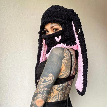 Custom Distressed Knitted Crochet Balaclava with Skull, Printed Bunny Ears, and Horns