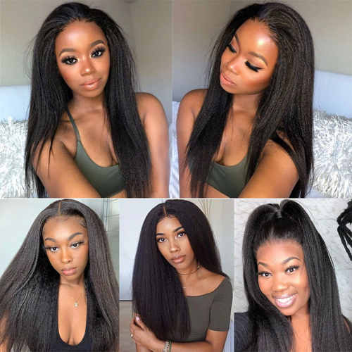 Black Glueless Middle Part Preplucked Yaki Long 180% Density Kinky Straight Soft Synthetic Lace Front Wig For Women Baby hair