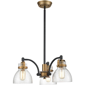 3-Light Farmhouse Chandelier with Clear Seeded Glass - Rustic Brass Pendant Light
