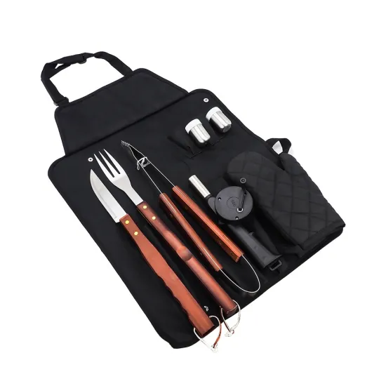 Wooden Handle BBQ Grill Accessories Tools Set with Apron, Tongs, Knife, and Fork
