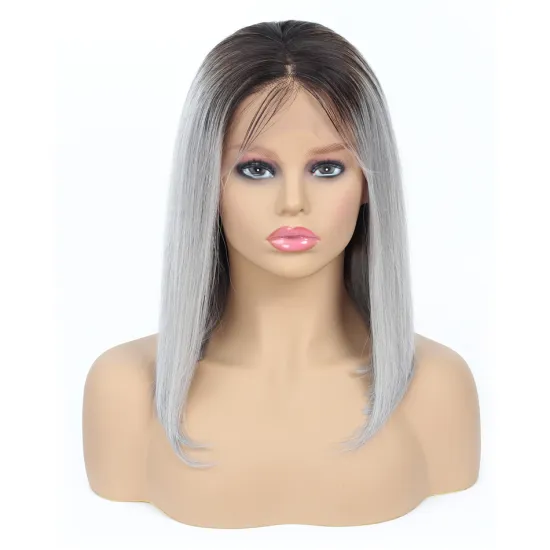 Yeswigs Ombre Bob Swiss Lace 1b-grey Human Hair Frontal Wig Straight Virgin Hair Cuticle Aligned Brazilian Wig Remy Hair Ombre