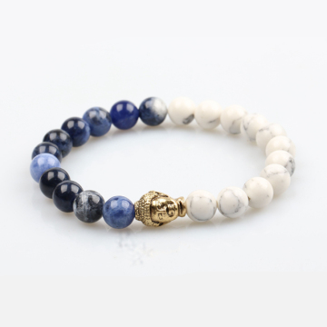 Wholesale sodalite with howlite stones golden buddha head beaded bracelets bangles natural stone bracelet