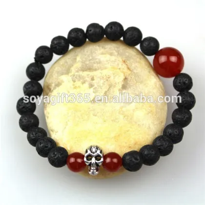 Skull Charm Red Agate Bracelet Lava Stone Bracelet