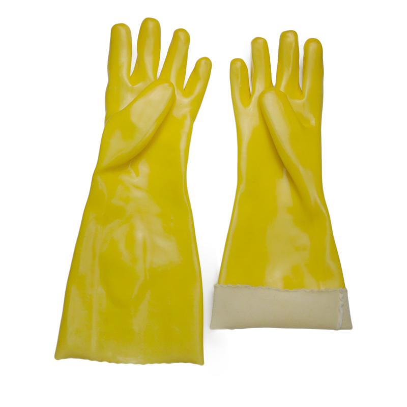 Yellow PVC coated gloves smooth finish cotton linning 45cm