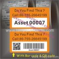 Asset Etiketten mit Barcode und Kundenlogo, Asset Identification Etiketten mit starken Klebstoff, destruktive Asset Id Labels