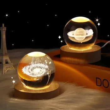 6cm GLOWING Crystal Ball NIGHT LIGHT LED Bedside Lamp WITH Milky Way Design ON Solid Wood BASE - USB Charging PORT