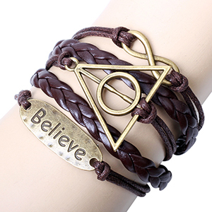 Baru percaya vintage segitiga Harry Potter Infinity gelang logam bagian asli coklat warna DIY gelang Grosir