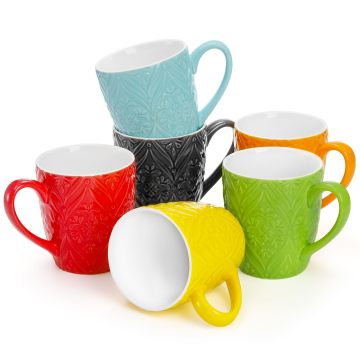 Set of 6 Porcelain Coffee Mugs - 12 Ounce Ceramic Mugs with Embossment for Latte, Tea, Mocha - Christmas Gift