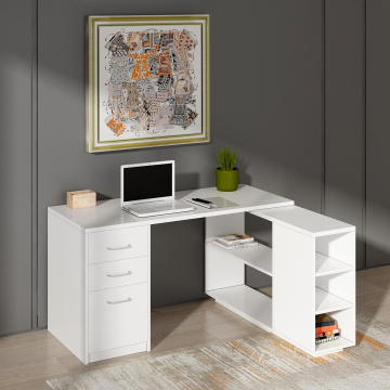 High Quality White L-shaped Desk with Computer Host Stand and Gaming Features