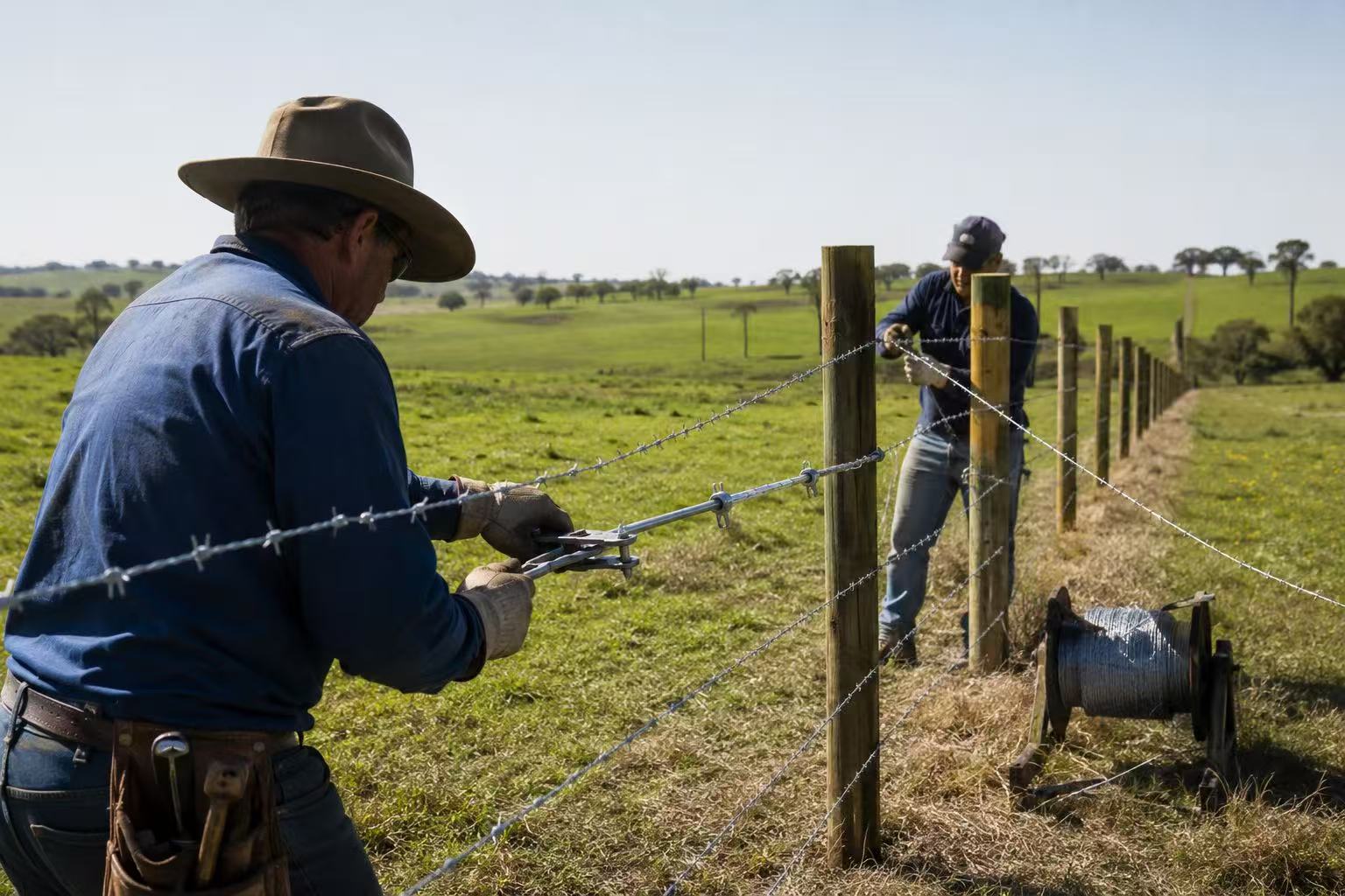 ANJIA Group agricultural barbed wire fence installation along wooden fence posts in rural farmland