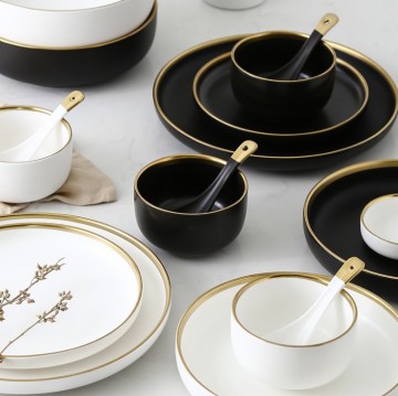 Nordic Ins Style Gold Edge Ceramic Dinnerware Set - Steak Plate and Rice Salad Bowl