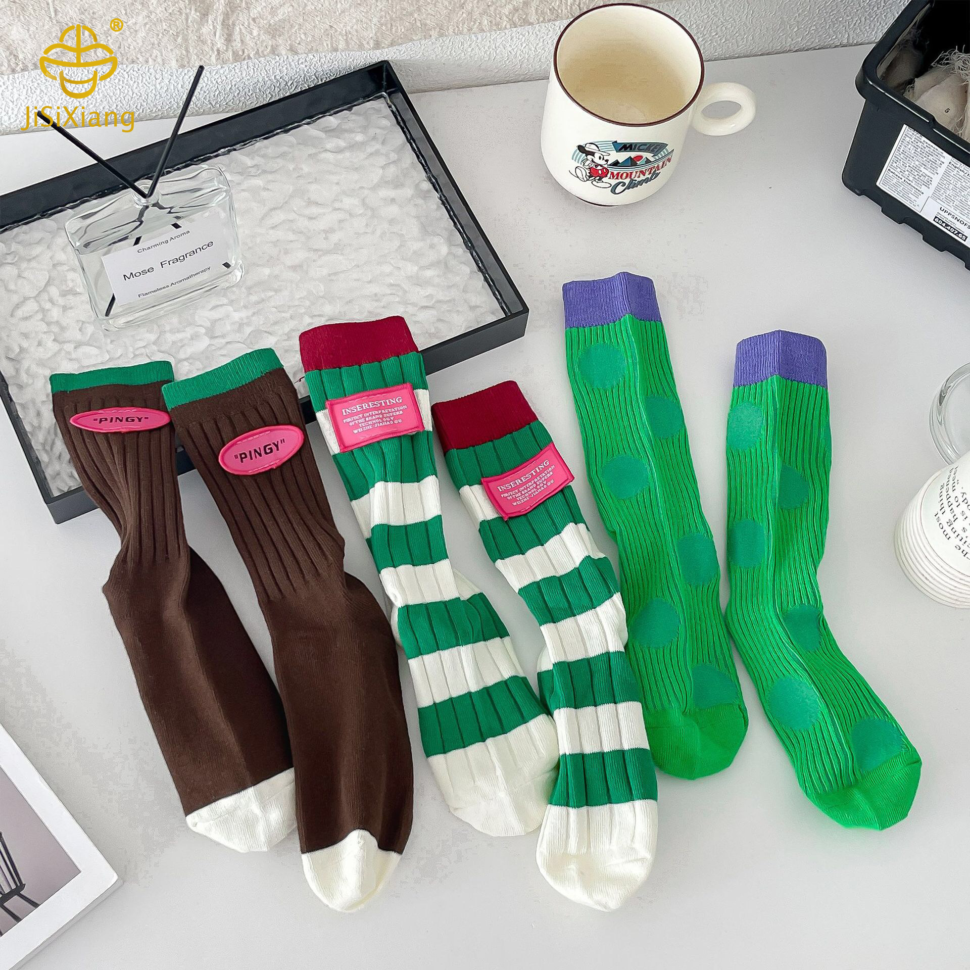 Korean version color blocking manual labeling mid tube socks 