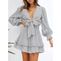 Womens Knot Front V Neck Ruffles Dress