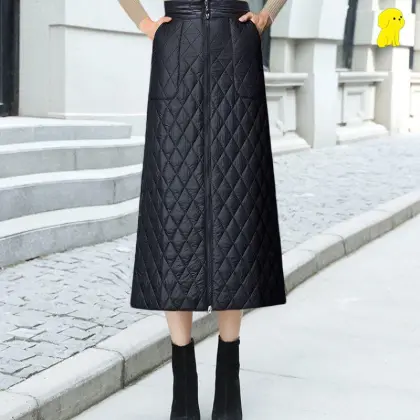 Women's Winter Zip Front High Waist Long Skirt