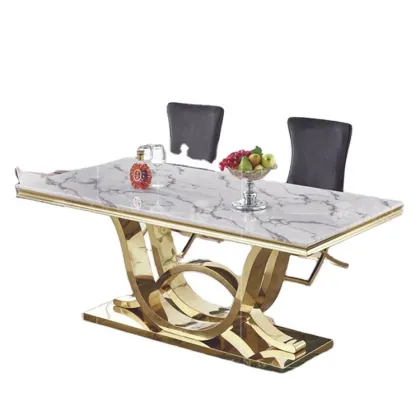 N HOME SWEET HOME White Marble Dining Table Set with Gold Accents