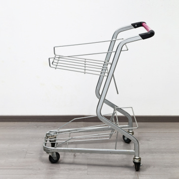 Double Layer Metal Mesh Shopping Cart Steel Mesh Supermarket Cart with Dual Shelves Supplier