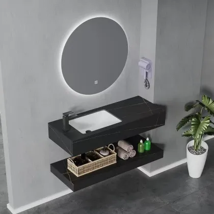 K355A Luxury Wall Hung Bathroom Vanity with Rock Slab Stone Wash Basin