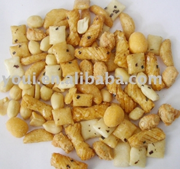 Rice crackers and coated peanuts mix