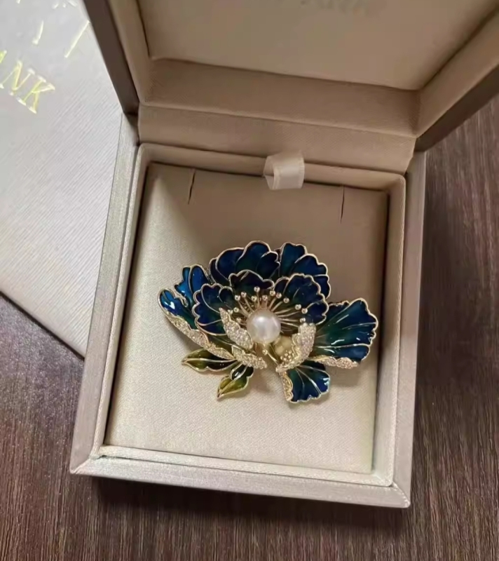 Peony Openwork Enamel Pearl Brooch