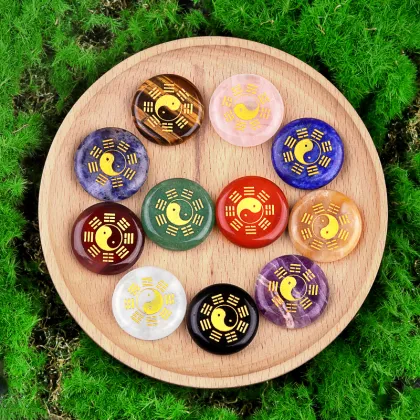 Black Obsidian 25MM Circular Disc Mat Handmade Craved Pattern-Taiji Bagua For Home Decor