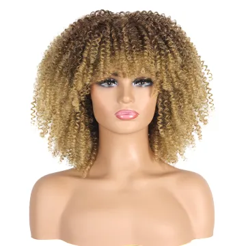 Afro Kinky Curly Wigs With Bangs For Black Women African Short Synthetic Wigs Ombre Glueless Cosplay Wigs