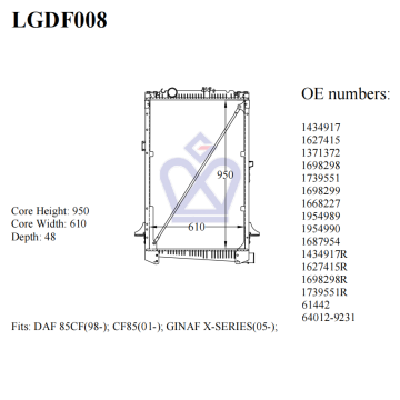 DAF truck radiator, 1434917, 1371372, 1739551, 1698299, 1954989, 61442, LGDF008