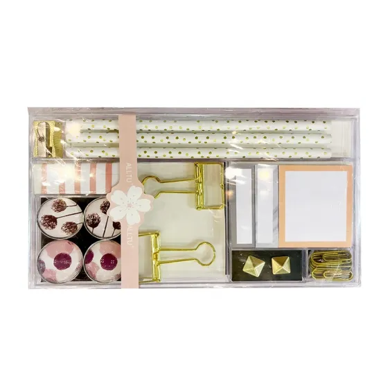 Gold and Pink Stationery Set: Pen, Push Pins, Paper Clips, and Binder Clips