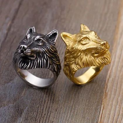 Mens Stainless Steel Viking Gold Wolf Ring