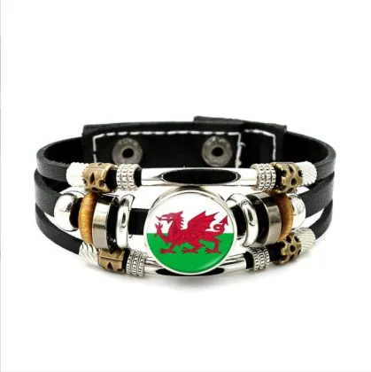 Costa Rica Flags Bangle Bracelet with Leather Chain Wristband