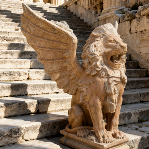 Estátua de mármore de leão alado esculpida à mão