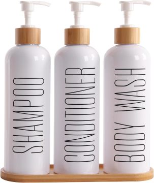 Ceramic Liquid Dispenser with Bamboo Pumps & Tray for Shampoo, Conditioner, and Body Wash