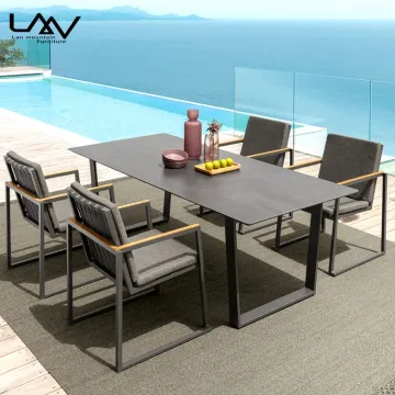 Modern Leisure Outdoor Patio Dining Set: Aluminum Frame Slate Top Table and Chairs