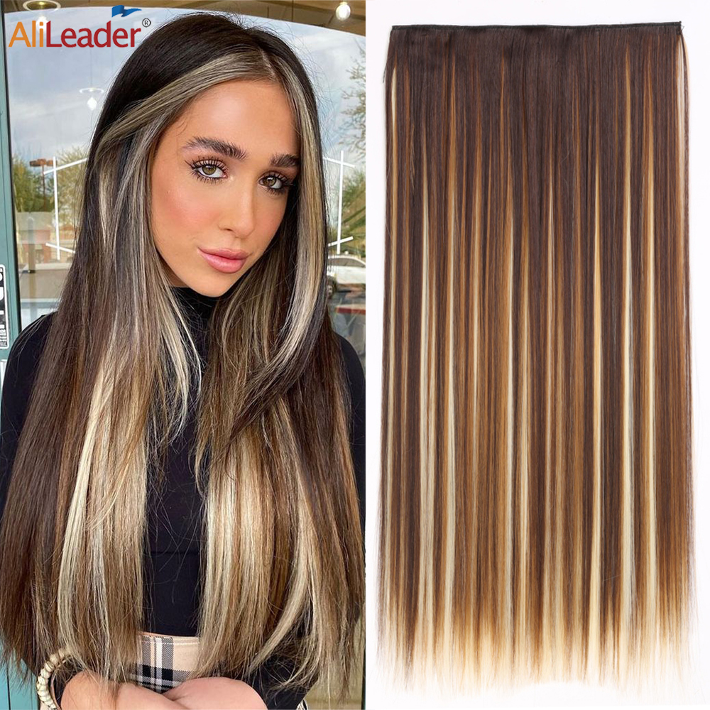 Alileader Silky reto de 24 "Clipe de fibra sintética resistente ao calor em gancho de cabelo 5 Clipes Extensão de cabelo Clipe de cabelo para mulheres